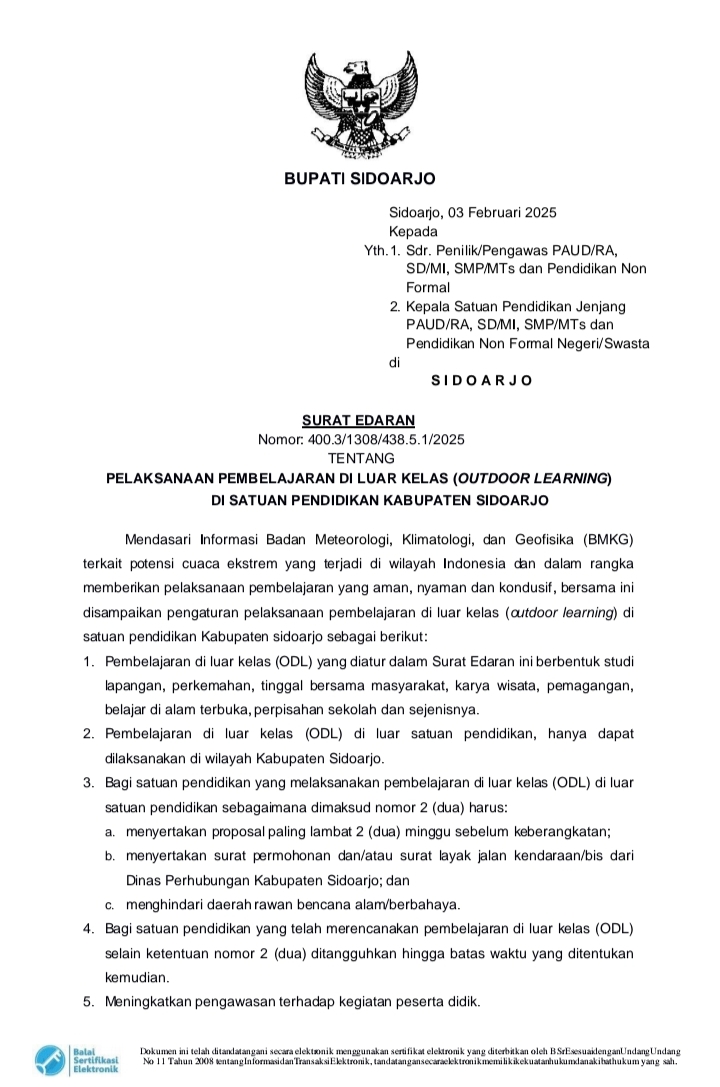 Edaran (SE) Plt Bupati Sidoarjo, Subandi, dengan Nomor 400.3/1308/438.5.1/2025, tanggal 3 Februari 2025