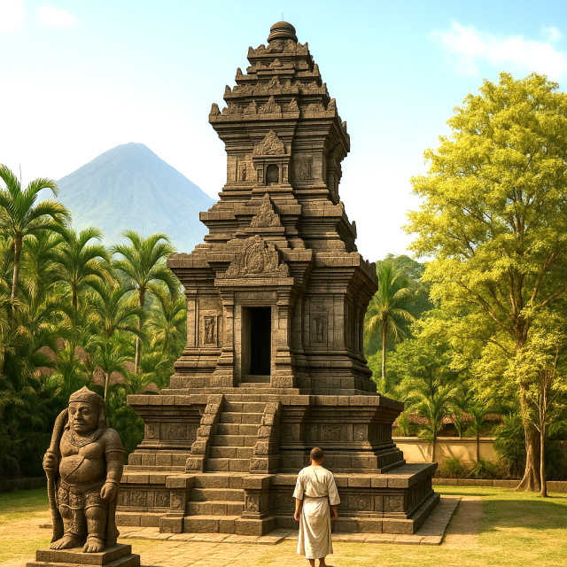 Replikasi AI candi Songgoriti, yang merupakan sebuah petirtaan yang dibangun di dekat sumber mata air panas. Batur candi ini berbentuk persegi berukuran 14 x 10 meter, Candi Songgoriti dihiasi relief Samudramanthana