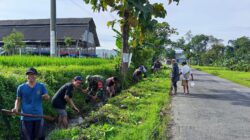 Tangan-tangan warga yang memegang alat tradisional seperti cangkul dan sabit, simbol dari gotong royong yang telah menjadi budaya turun-temurun bangsa Indonesia dalam mengatasi masalah bersama.